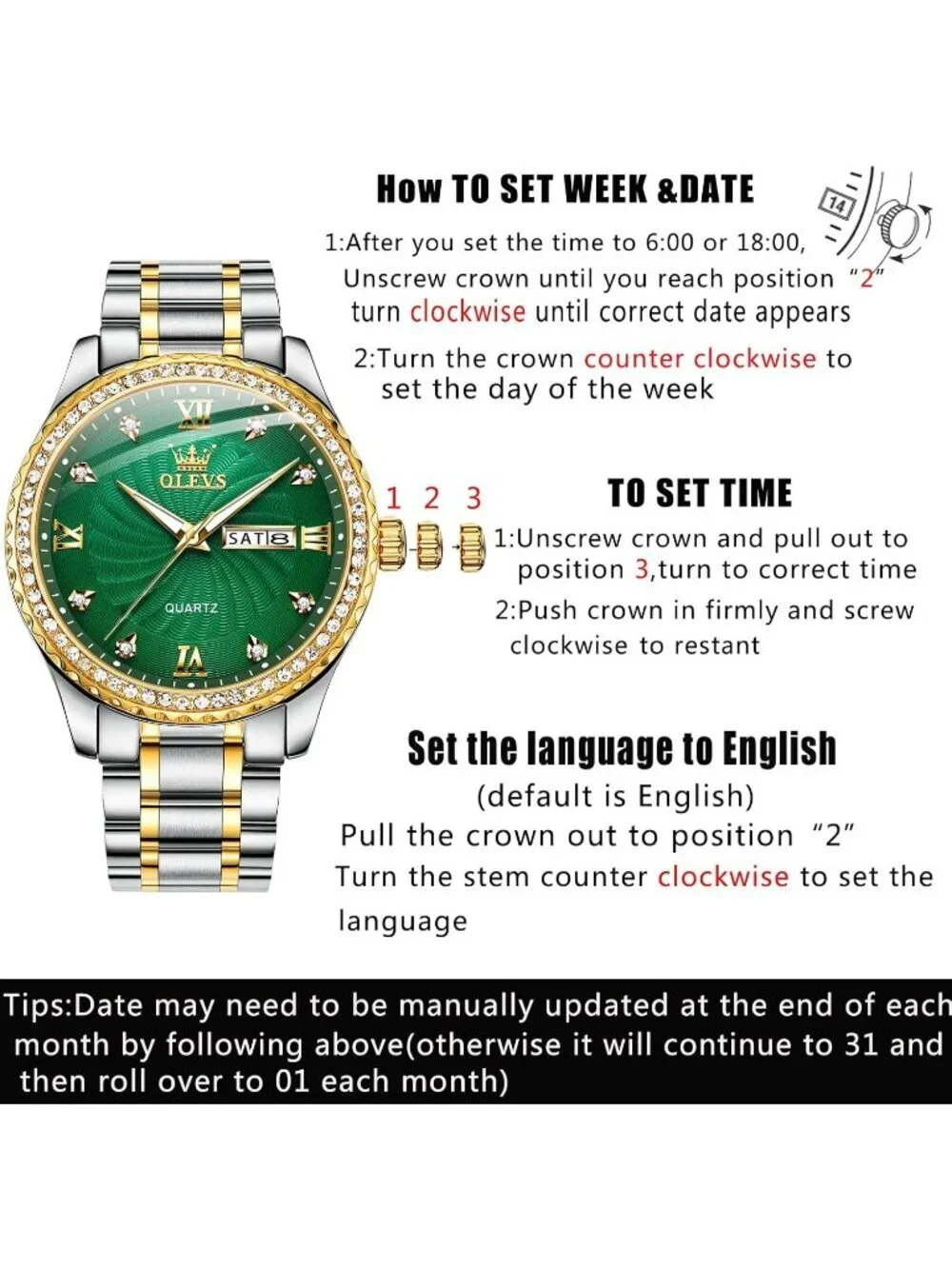 Men's Silver Green Big Dial Analog Quartz Stainless Relojes Waterproof Watch